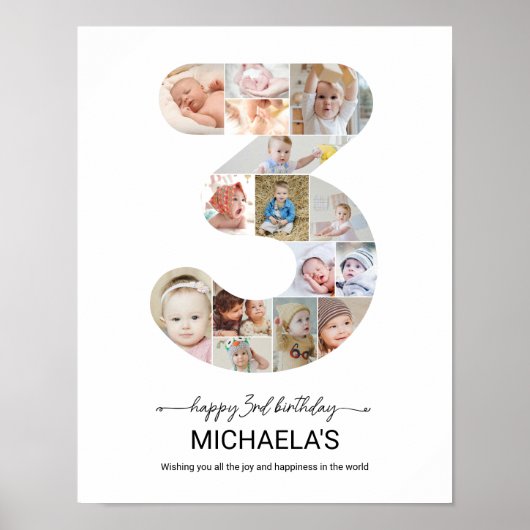 3e verjaardag nummer 3 fotocollage aangepaste foto poster (Voorkant)