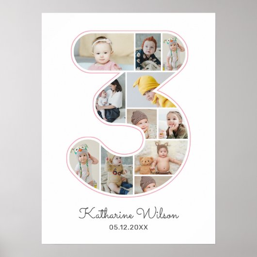 3e Verjaardag Nummer 3 Fotocollage Kinder kinderka Poster (Voorkant)