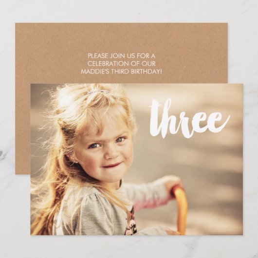 3e verjaardag nummer drie fotobedekking uitnodigin kaart (Voorkant / Achterkant)