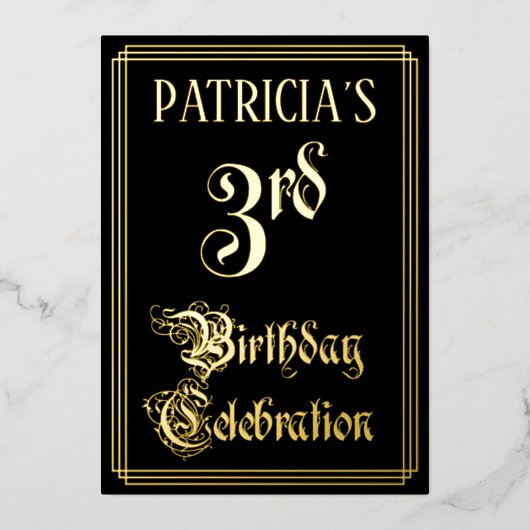 3e verjaardag Partij - Fancy Manuscript & de Naam  Folie Uitnodiging (Voorkant)