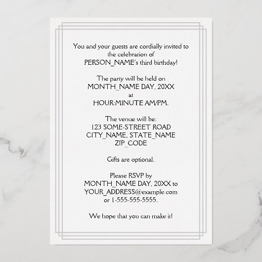 3e verjaardag Partij - Fancy Manuscript & de Naam  Folie Uitnodiging (Achterkant)