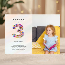 3e Verjaardag Pastel Roze Bloemen Fotouitnodiging Kaart