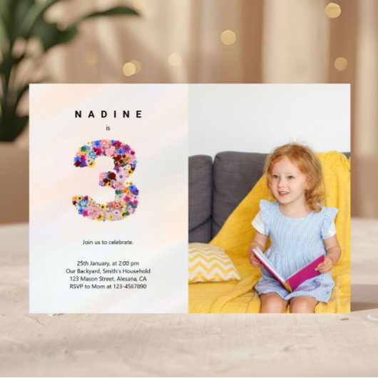 3e Verjaardag Pastel Roze Bloemen Fotouitnodiging Kaart