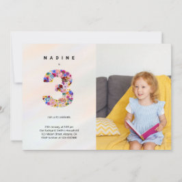 3e Verjaardag Pastel Roze Bloemen Fotouitnodiging Kaart