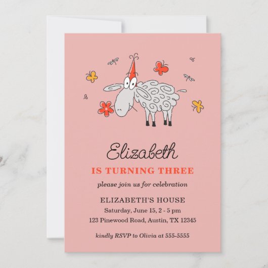 3e Verjaardag Pet Cartoon Schattige schapenbloem l Kaart (Voorkant)