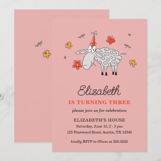 3e Verjaardag Pet Cartoon Schattige schapenbloem l Kaart (Voorkant / Achterkant)