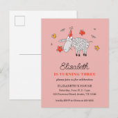 3e Verjaardag Pet Cartoon Schattige schapenbloem l Uitnodiging Briefkaart (Voorkant / Achterkant)