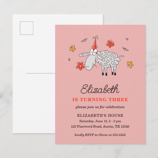 3e Verjaardag Pet Cartoon Schattige schapenbloem l Uitnodiging Briefkaart (Voorkant / Achterkant)