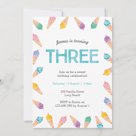 3e verjaardag | Rainbow Ice Cream uitnodiging (Voorkant)