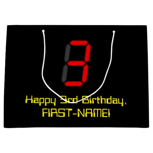 3e verjaardag: Red Digital Clock Style "3" + naam Groot Cadeauzakje (Voorkant)