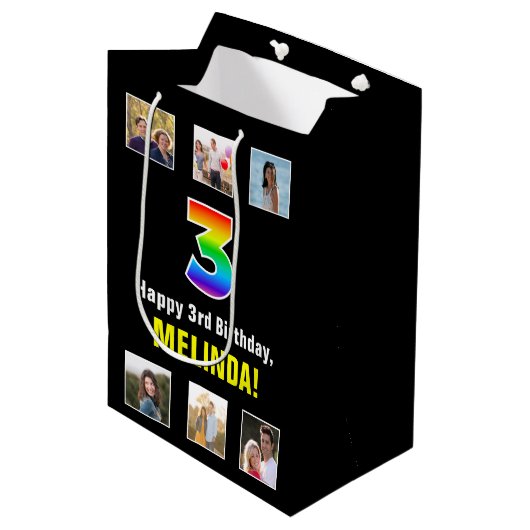 3e verjaardag: Regenboog "3", aangepaste foto's &  Medium Cadeauzakje (Voorkant Gekanteld)
