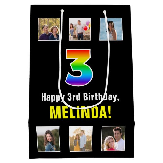 3e verjaardag: Regenboog "3", aangepaste foto's &  Medium Cadeauzakje (Achterkant)