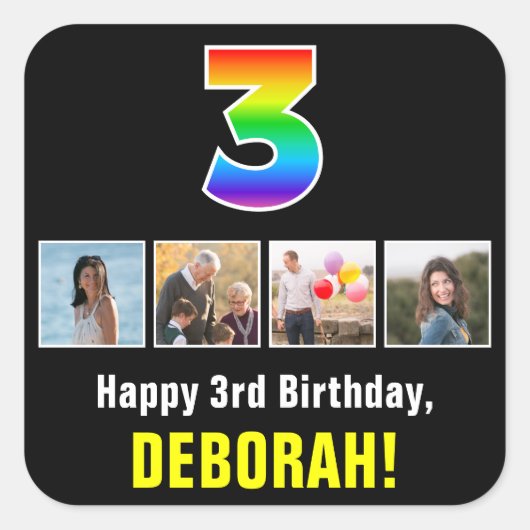 3e Verjaardag: Regenboog "3"; Aangepaste Foto's &  Vierkante Sticker (Voorkant)