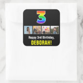 3e Verjaardag: Regenboog "3"; Aangepaste Foto's &  Vierkante Sticker (Tas)