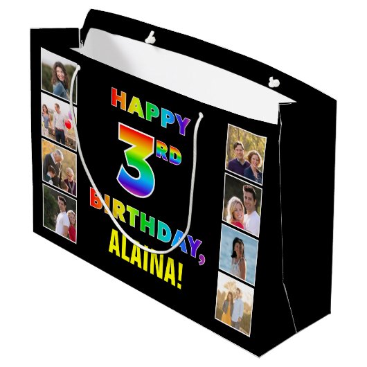 3e verjaardag: regenboogtekst, aangepaste foto's & groot cadeauzakje (Achterkant Gekanteld)