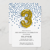 3e verjaardag Royal Blue Confetti en Gold Balloon Kaart (Voorkant / Achterkant)