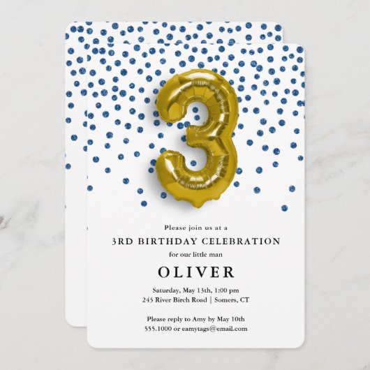 3e verjaardag Royal Blue Confetti en Gold Balloon Kaart (Voorkant / Achterkant)