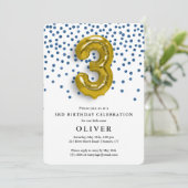 3e verjaardag Royal Blue Confetti en Gold Balloon Kaart (Staand voorkant)