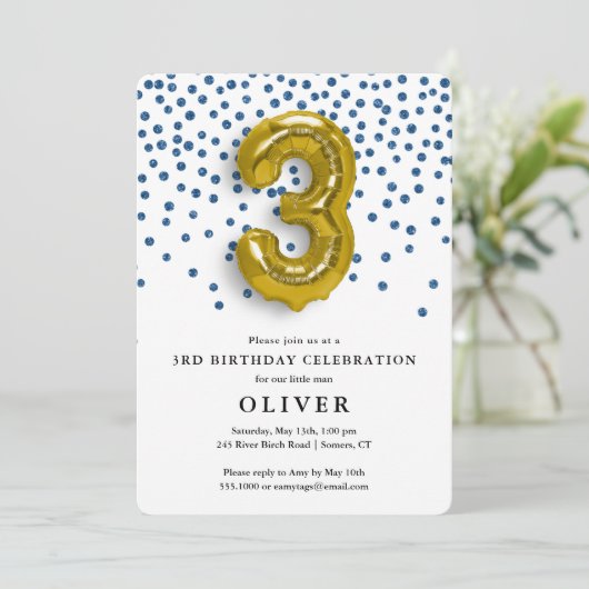 3e verjaardag Royal Blue Confetti en Gold Balloon Kaart (Staand voorkant)