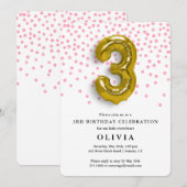 3e Verjaardag Roze Confetti en Gouden Ballon Kaart (Voorkant / Achterkant)