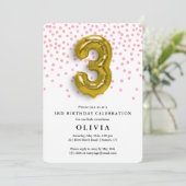 3e Verjaardag Roze Confetti en Gouden Ballon Kaart (Staand voorkant)