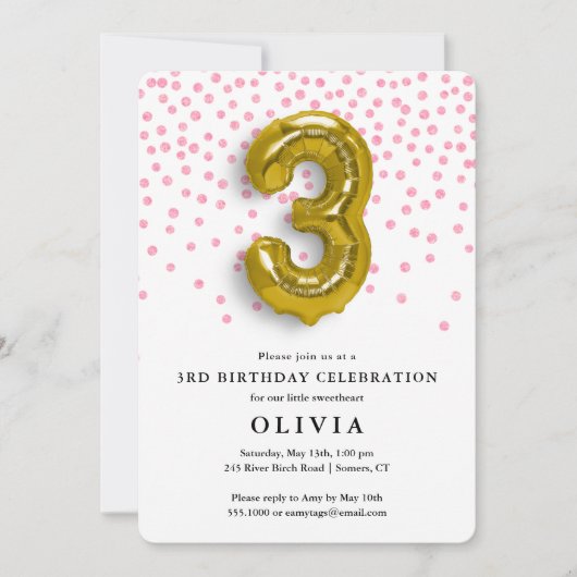 3e Verjaardag Roze Confetti en Gouden Ballon Kaart (Voorkant)
