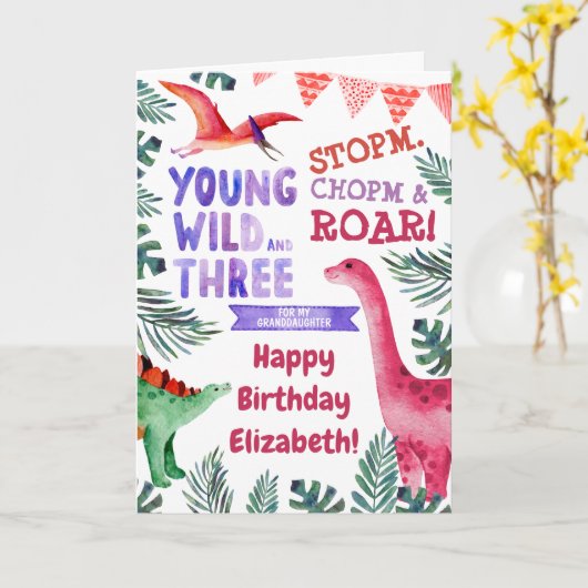 3e verjaardag Roze dinosaurus voor kleindochter Kaart (Gele Bloem)