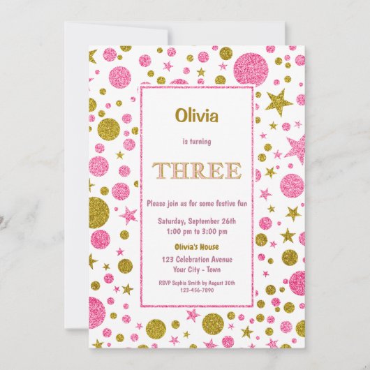 3e verjaardag Roze en Gold Glitter Kaart (Voorkant)