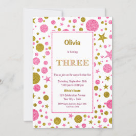 3e verjaardag Roze en Gold Glitter Kaart