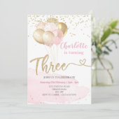 3e verjaardag roze en gouden ballonnen kaart (Staand voorkant)