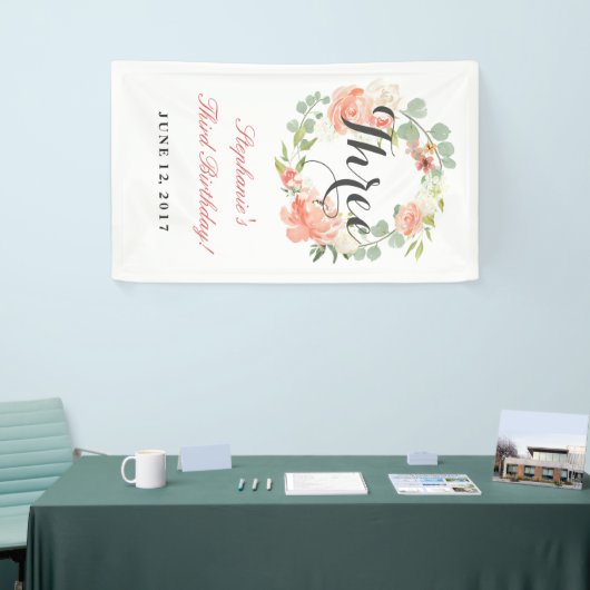 3e verjaardag - Roze Floral met drie banners (Beurs)