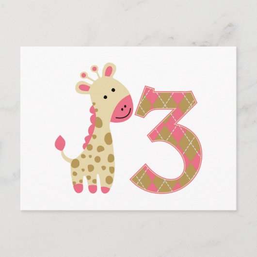 3e verjaardag Roze Giraffe Briefkaart (Voorkant)