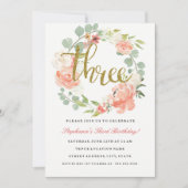 3e verjaardag roze goud bloemenkrans uitnodiging (Voorkant)