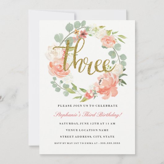 3e verjaardag roze goud bloemenkrans uitnodiging (Voorkant)