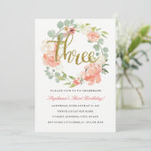 3e verjaardag roze goud bloemenkrans uitnodiging (Staand voorkant)