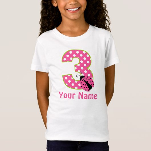 3e verjaardag roze groene ladybug gepersonaliseerd t-shirt (Voorkant)
