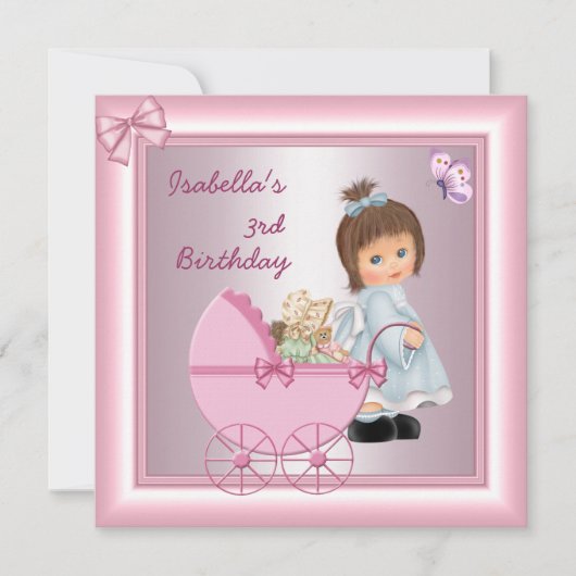 3e verjaardag  roze meisje kaart (Voorkant)