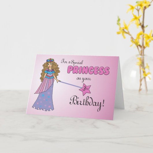 3e verjaardag Roze Prinses w / Sparkly-Look Wand Kaart (Gele Bloem)