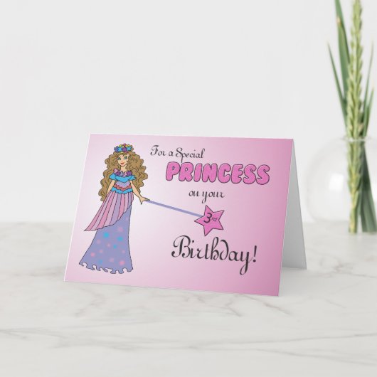 3e verjaardag Roze Prinses w / Sparkly-Look Wand Kaart (Voorkant)