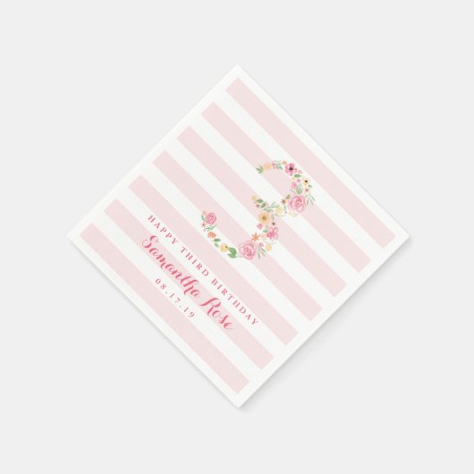 3e Verjaardag Roze Streep & Waterverf Bloemen DRIE Servet (Hoek)