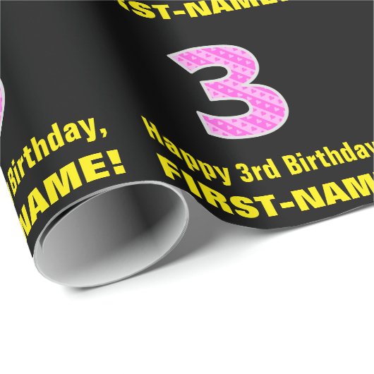 3e verjaardag: Roze strepen en hart "3" + naam Cadeaupapier (Rol Hoek)