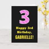 3e verjaardag: Roze strepen en hart "3" + naam Kaart (Gele Bloem)