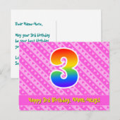 3e verjaardag: Roze strepen & harten, Regenboog 3 Briefkaart (Voorkant / Achterkant)