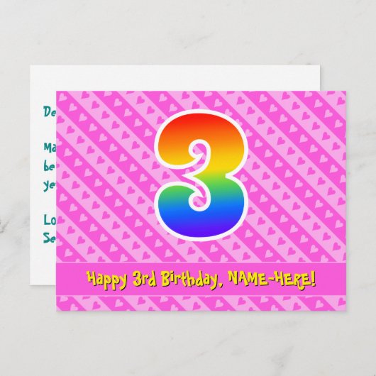 3e verjaardag: Roze strepen & harten, Regenboog 3 Briefkaart (Voorkant / Achterkant)