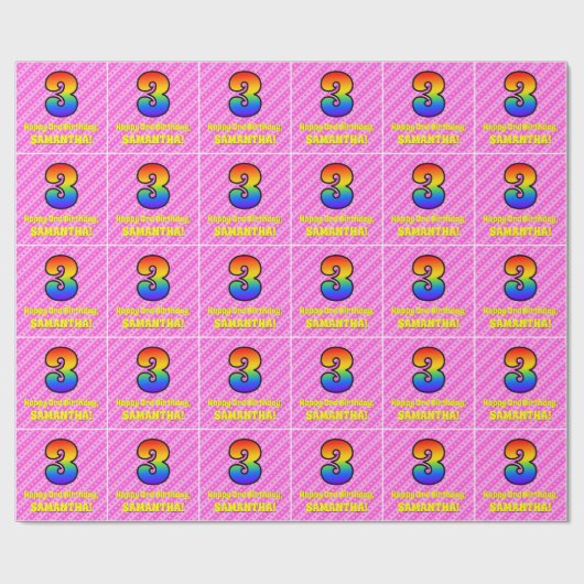 3e verjaardag: Roze strips & harten, regenboognr.  Cadeaupapier (Vlak)