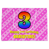 3e verjaardag: Roze strips & harten, regenboognr.  Groot Cadeauzakje (Voorkant)
