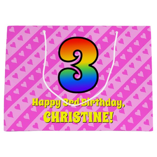 3e verjaardag: Roze strips & harten, regenboognr.  Groot Cadeauzakje (Voorkant)