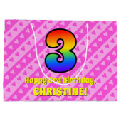 3e verjaardag: Roze strips & harten, regenboognr.  Groot Cadeauzakje (Achterkant)