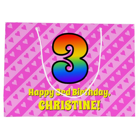 3e verjaardag: Roze strips & harten, regenboognr.  Groot Cadeauzakje (Achterkant)