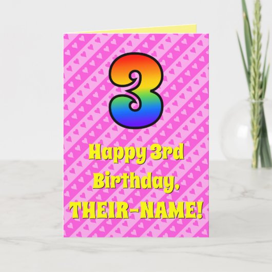3e verjaardag: Roze strips & harten, regenboognr.  Kaart (Voorkant)
